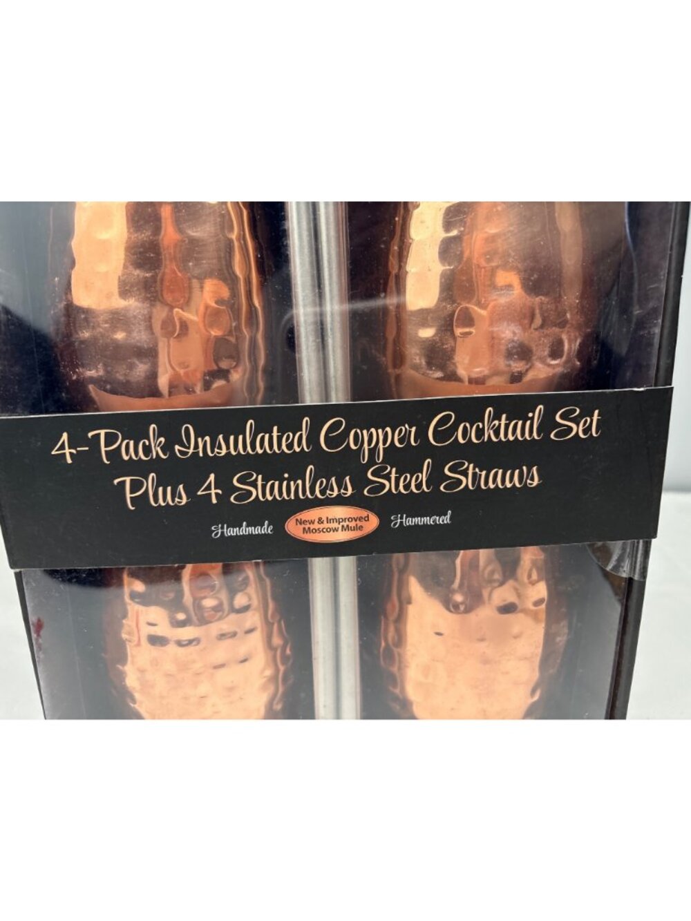 4-Pack Copper Cocktail Mugs Straws Set Handmade Hammered Insulated 18oz BPA-Free - Picture 2 of 11